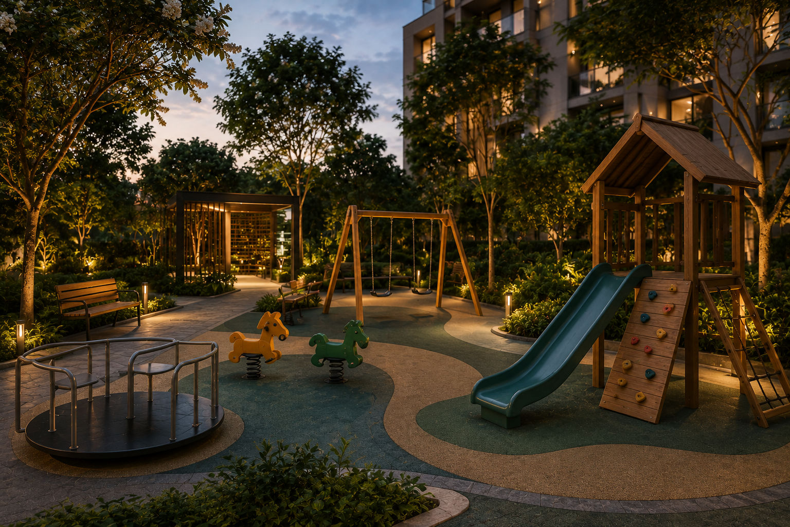 Embassy Knowledge Park landscaped kids' play area with modern outdoor amenities