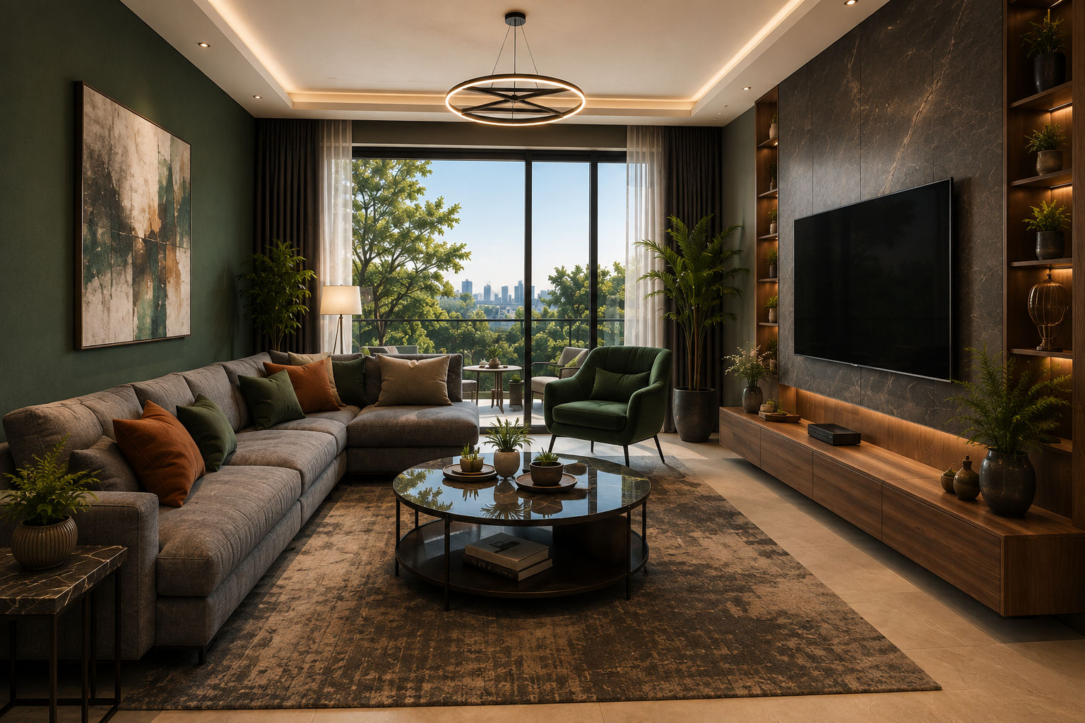 Embassy Knowledge Park luxury living room interior with modern furnishings and city view