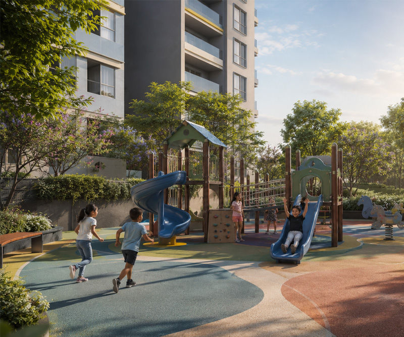 Brigade Granada Children playing on a colourful outdoor play area with slides near residential buildings