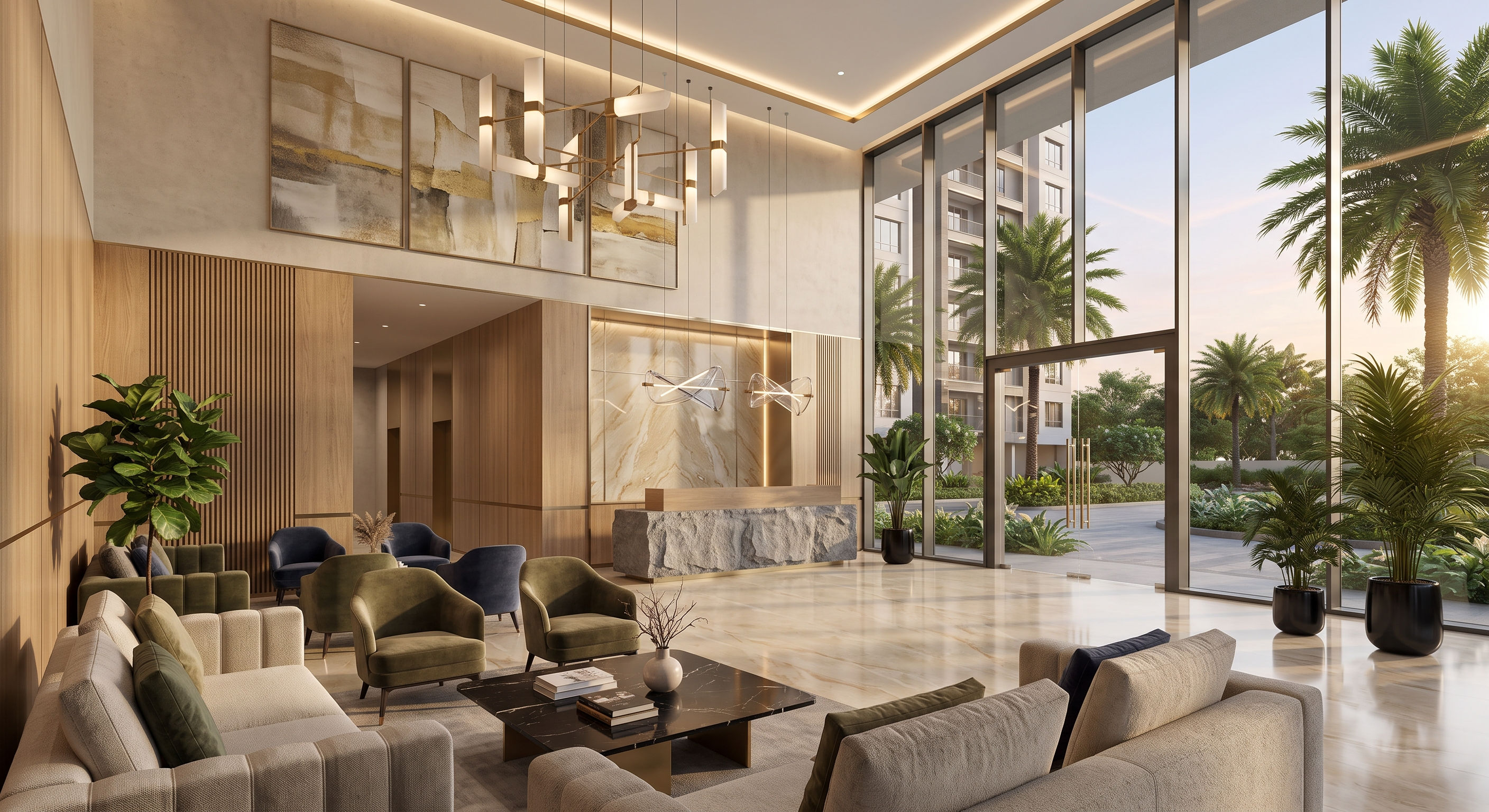 Prestige Avon elegant luxury apartment lobby with premium interiors and landscaped views