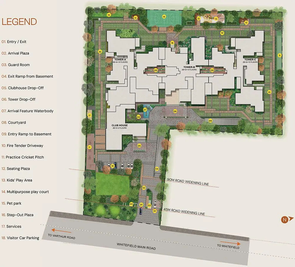 Graviti Hanging Gardens master plan showing 2 towers, Japanese garden, and landscaped layout on Airport Road Bangalore