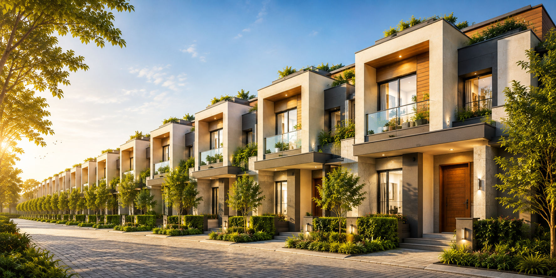 Prestige Urban Townhouses luxury modern row houses with landscaped greenery and elegant exteriors