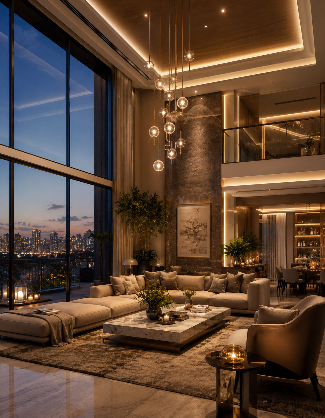 Sobha HennurDouble-height luxury living room with glass chandelier and city view windows
