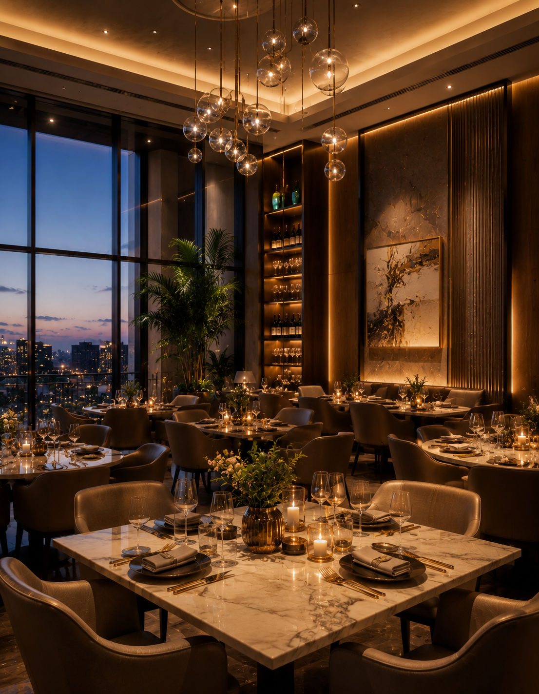 Sobha Hennur Elegant fine dining restaurant setup with hanging glass pendant lights