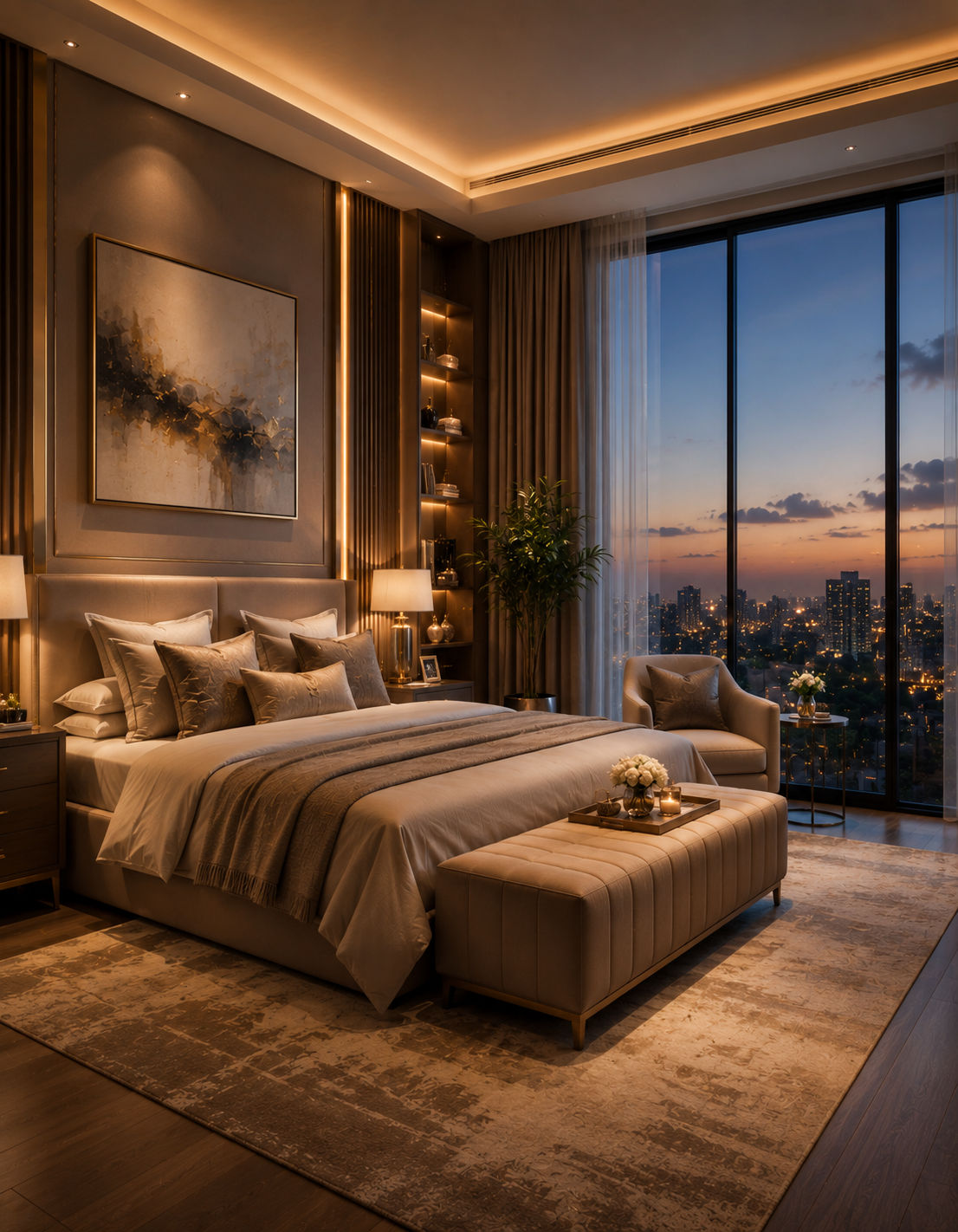 Sobha Hennur Luxury master bedroom with warm ambient lighting and floor-to-ceiling windows