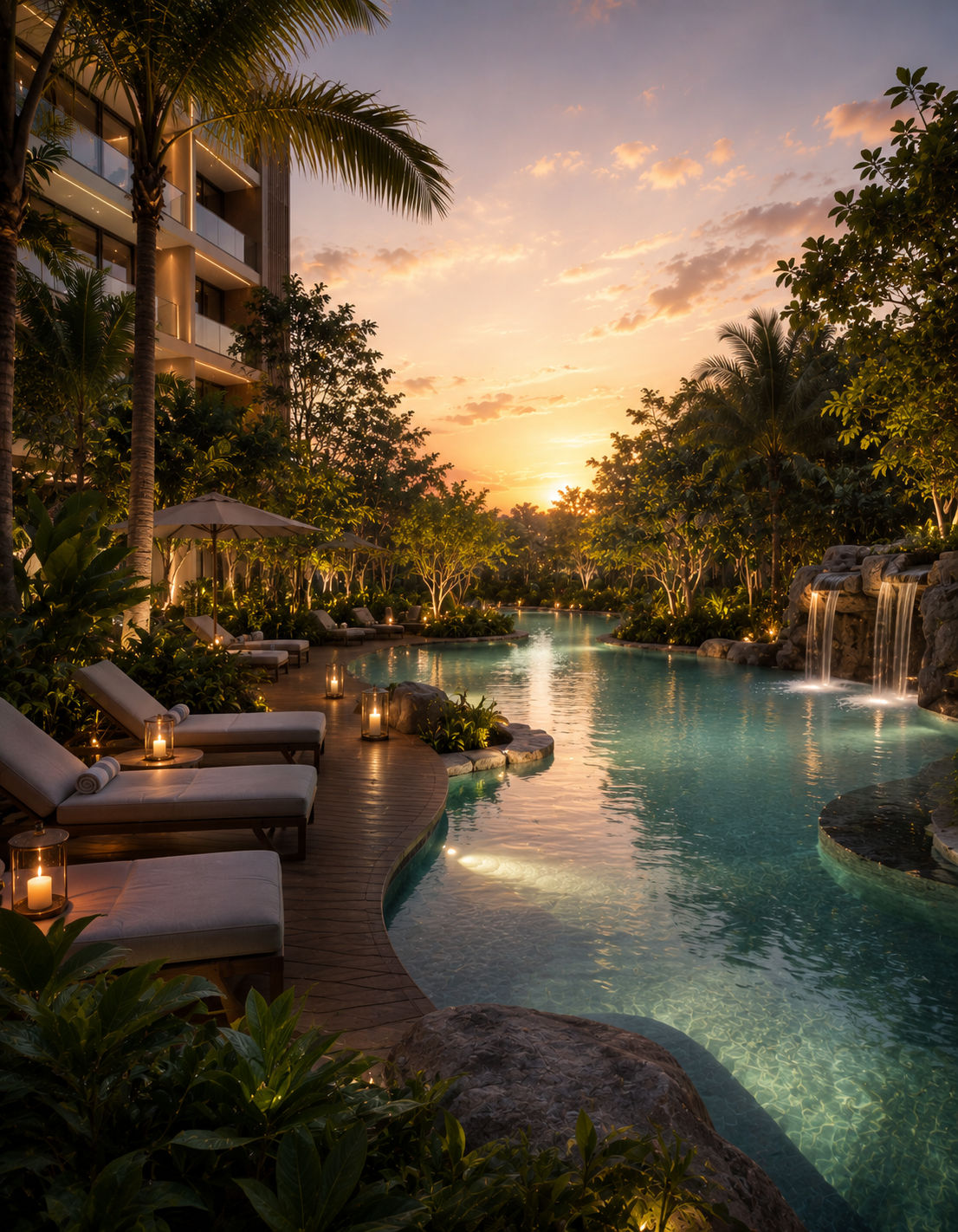 Sobha Hennur Resort-style outdoor swimming pool with waterfall feature at sunset