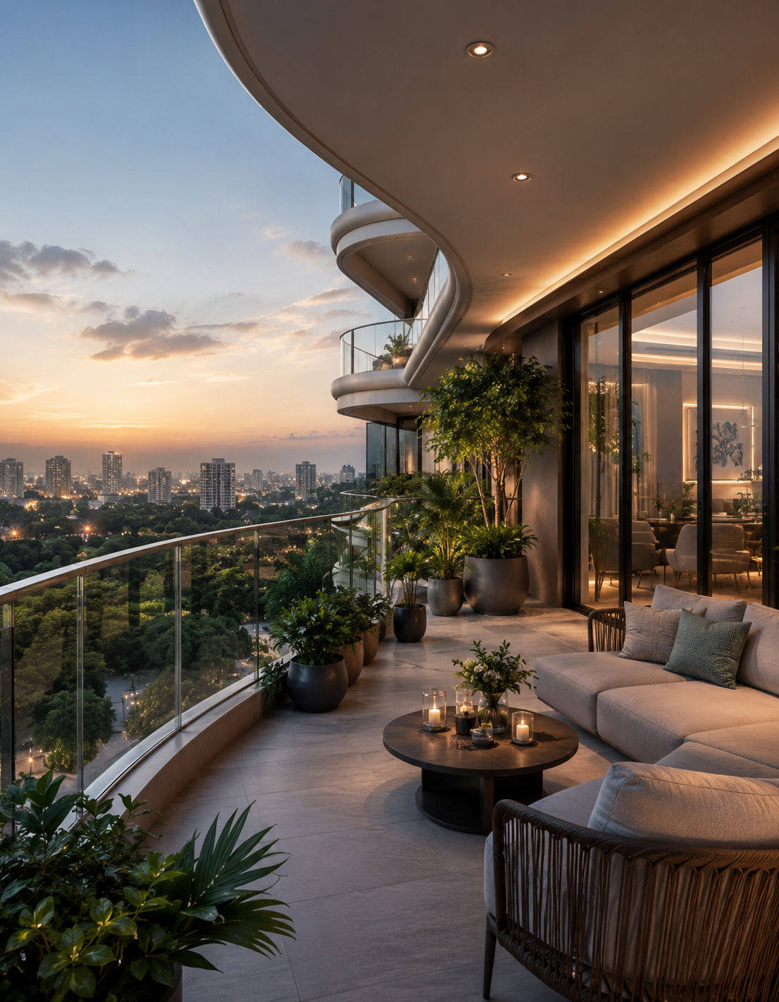 Sobha Hennur Spacious apartment balcony with outdoor sofa, potted plants, and city view