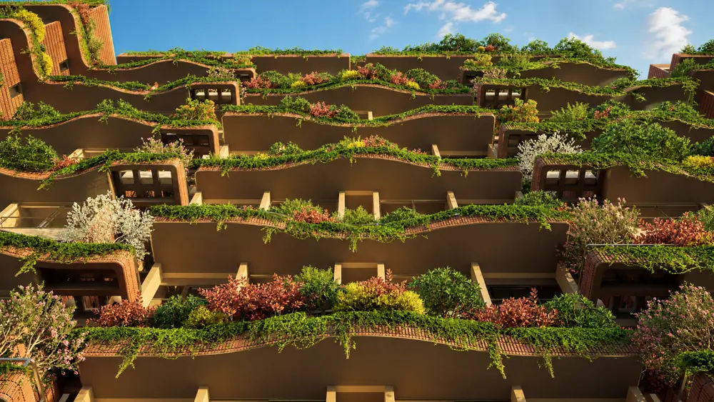 Close-up of hanging garden balconies at Graviti Hanging Gardens