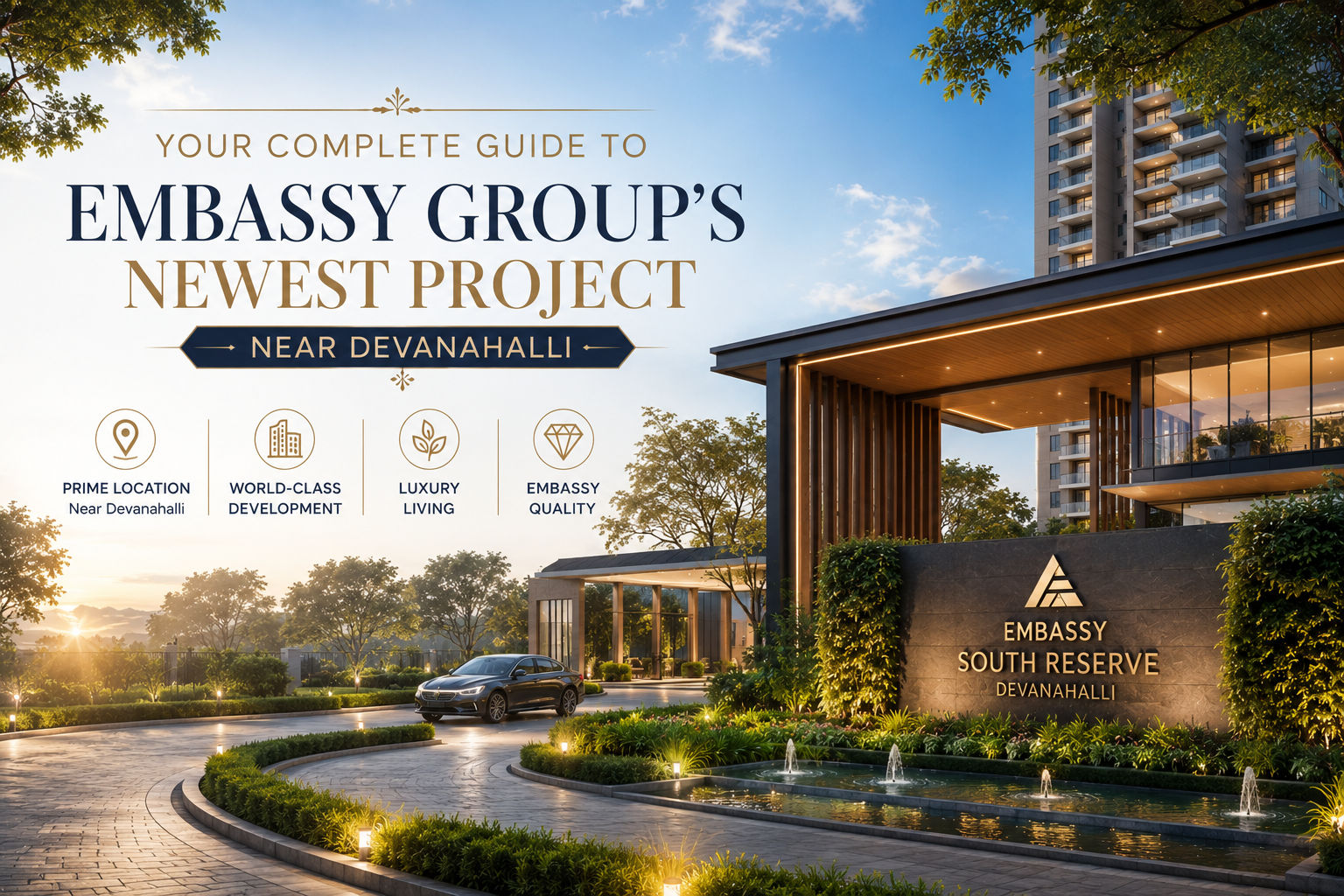 Embassy Group’s newest luxury project near Devanahalli with modern architecture and landscaped entrance. Embassy Group’s newest luxury project near Devanahalli with modern architecture and landscaped entrance.