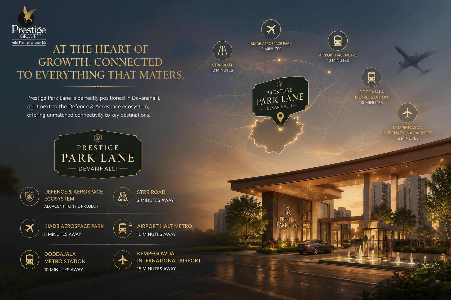 Prestige Park Lane Devanahalli connectivity map showing distance to airport, metro & aerospace park Prestige Park Lane Devanahalli connectivity map showing distance to airport, metro & aerospace park