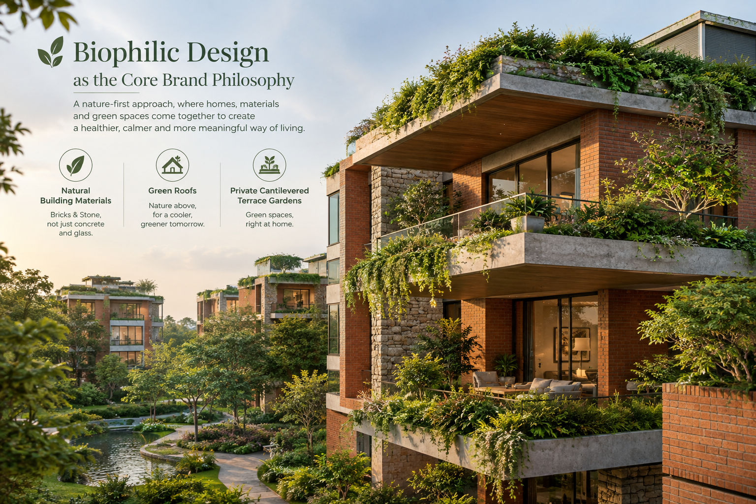 Biophilic residential design with green roofs and terrace gardens.