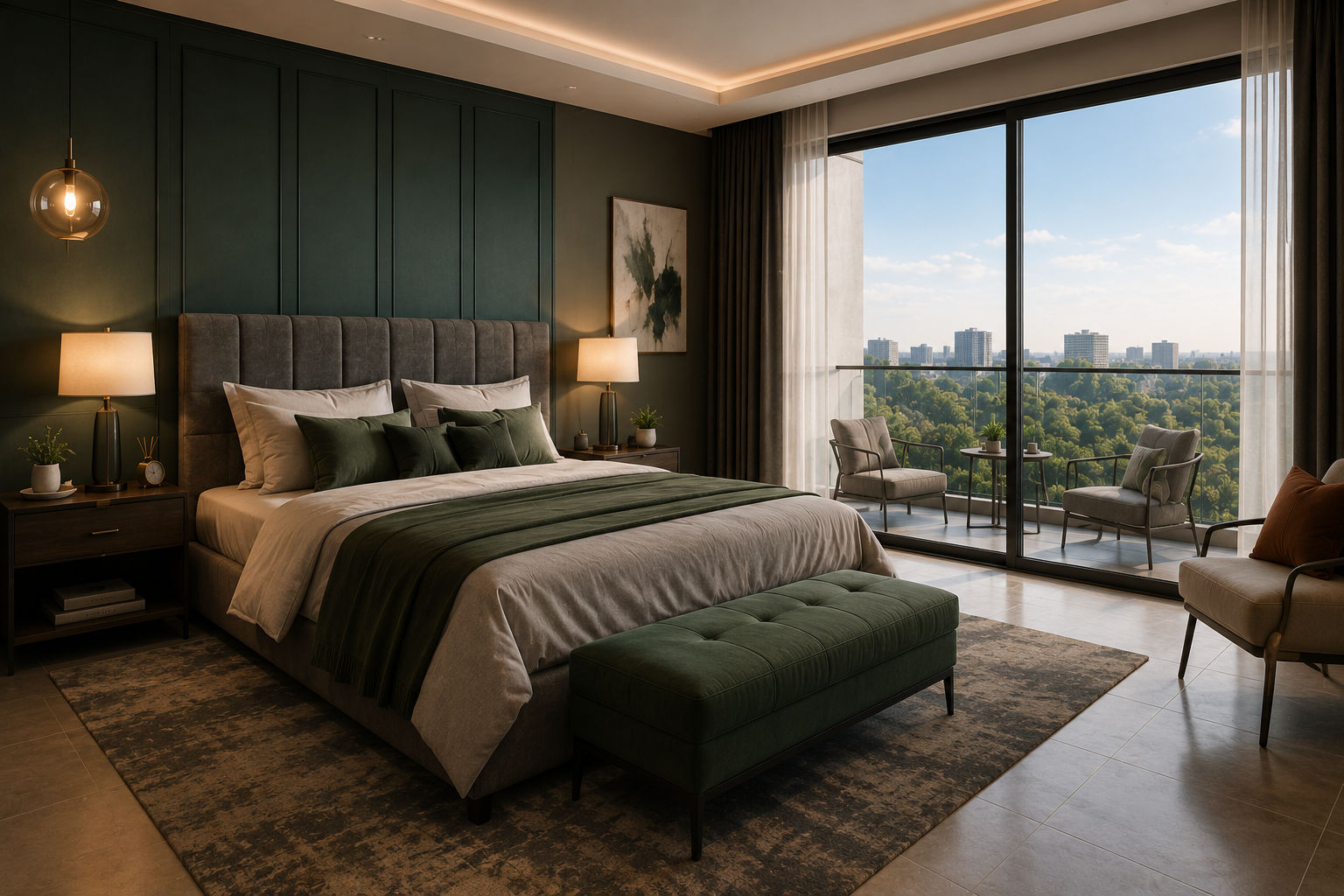 Embassy Knowledge Park luxury master bedroom with elegant interiors and balcony view