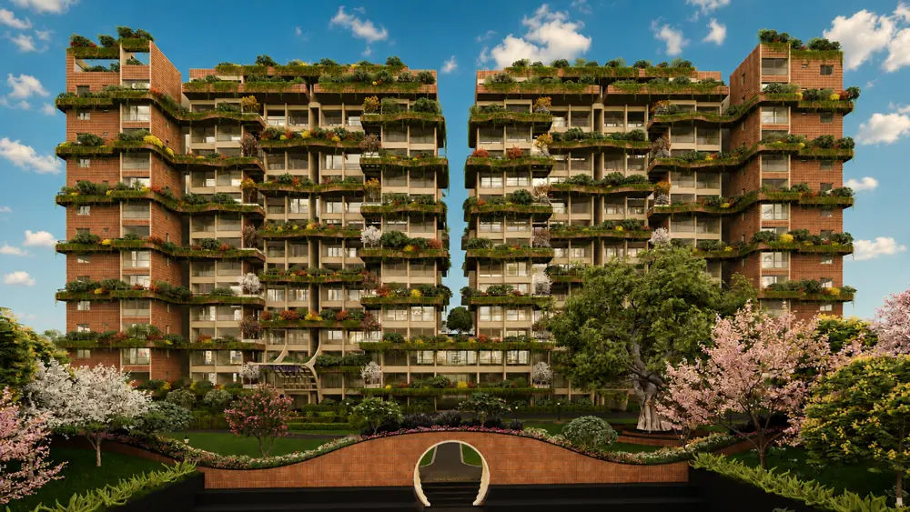 Graviti Hanging Gardens twin towers front view with vertical greenery
