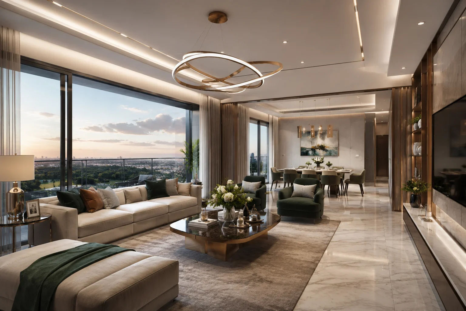 L&T Thanisandra Modern living room with marble floors, ring chandelier, and balcony city views