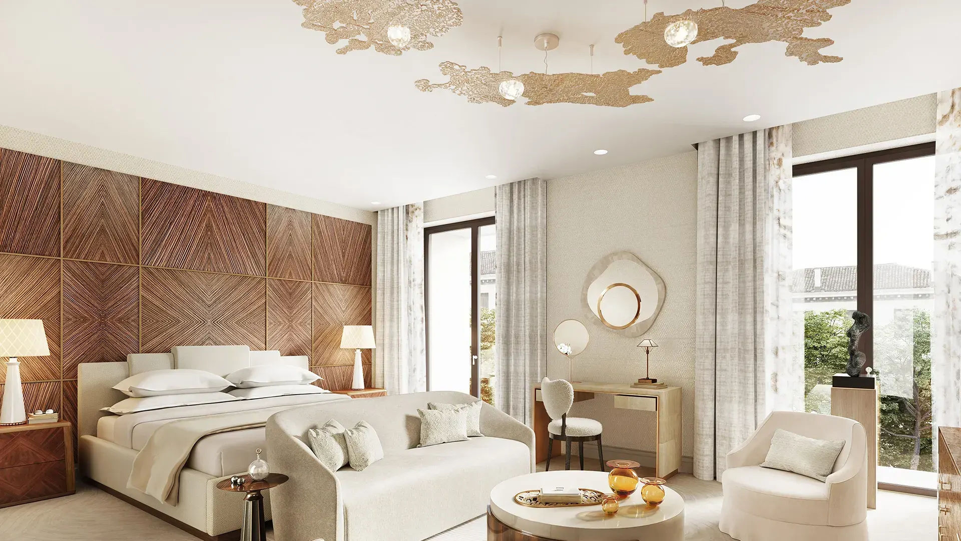 L&T Thanisandra Spacious master bedroom with wooden wall paneling, cream sofa, and vanity desk