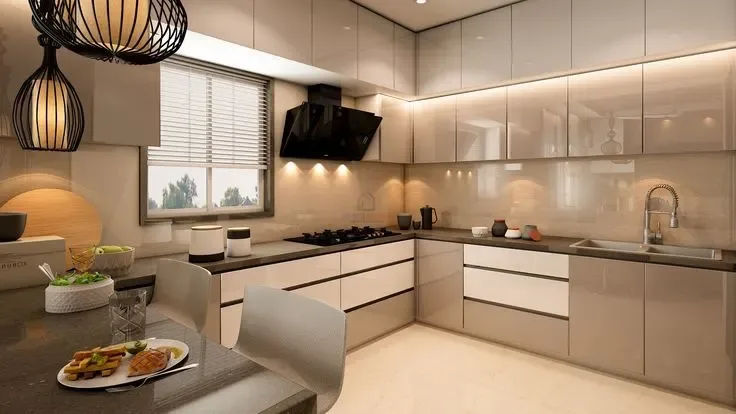 L&T Thanisandra Modern L-shaped modular kitchen with glossy cabinets and under-cabinet lighting