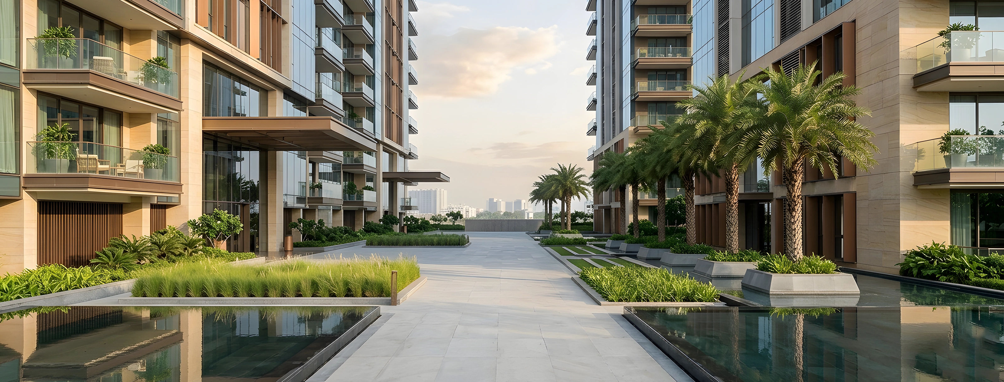 Lodha HopeFarm Residential courtyard with palm trees and reflecting pools