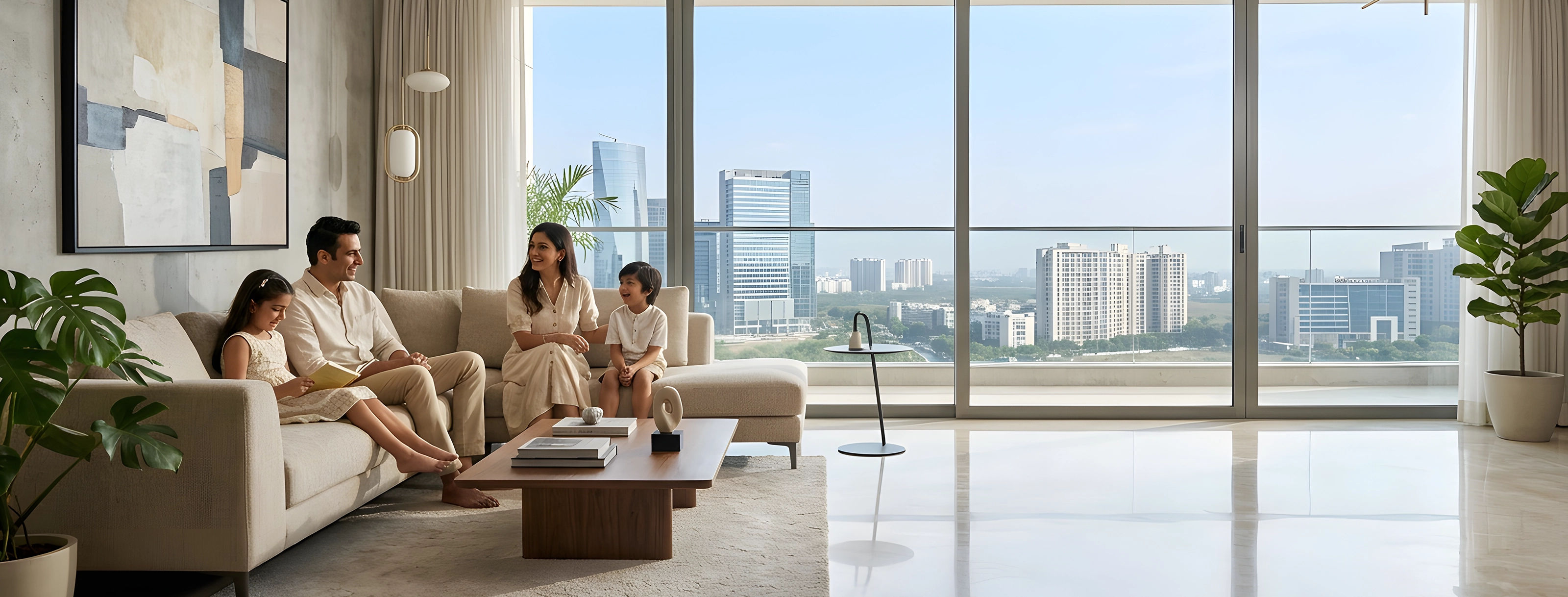 Lodha HopeFarm Family relaxing in a modern living room with large city-view windows