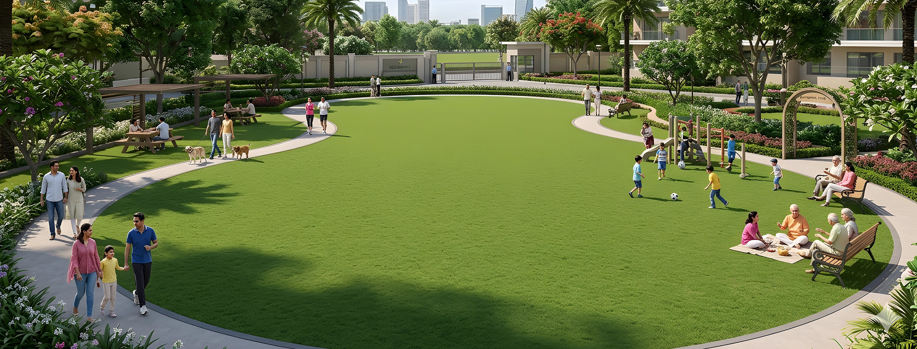 Lodha HopeFarm Large green community park with walking paths and play area