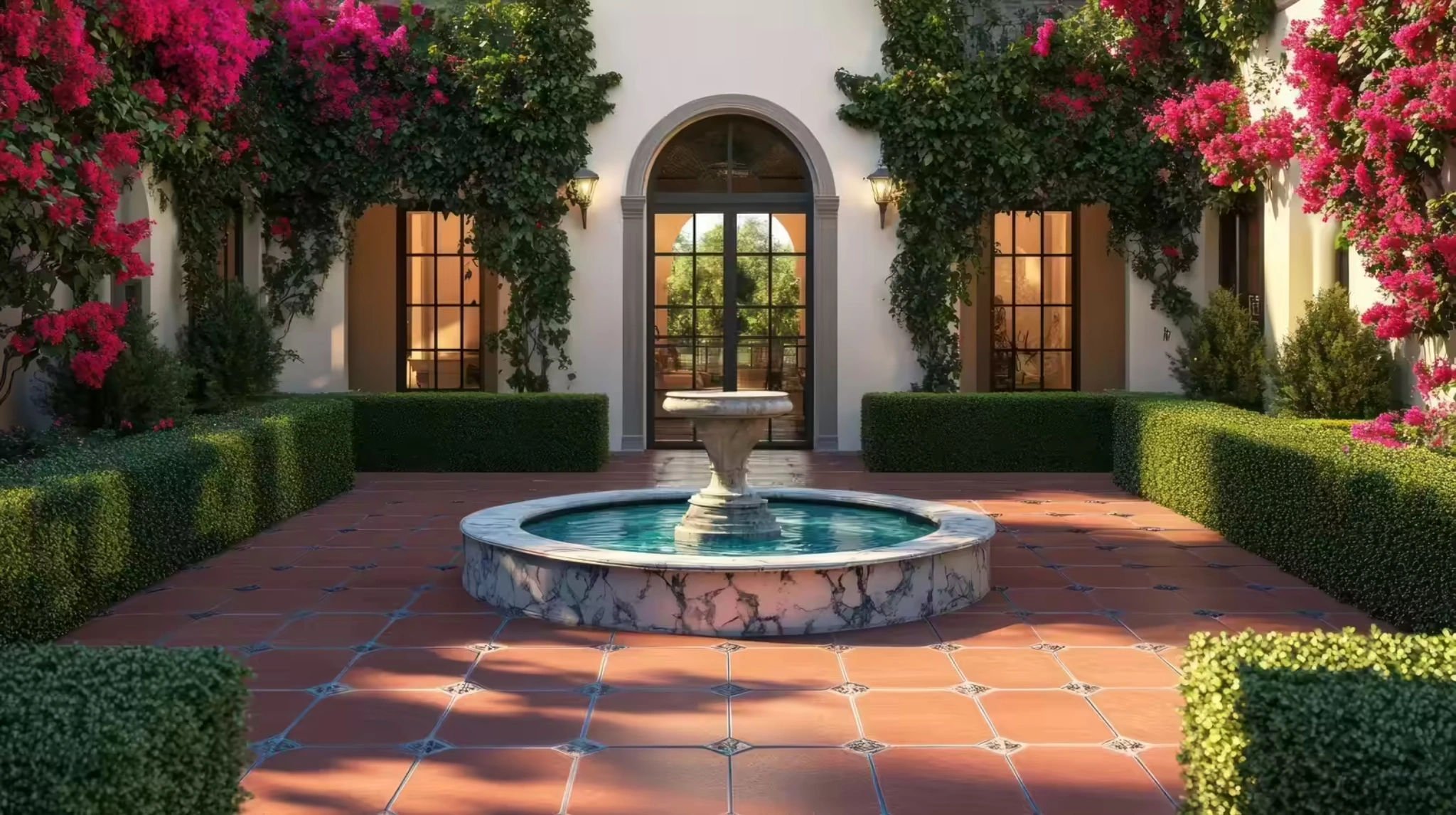 Lodha HopeFarmTiled courtyard fountain surrounded by pink bougainvillea flowers