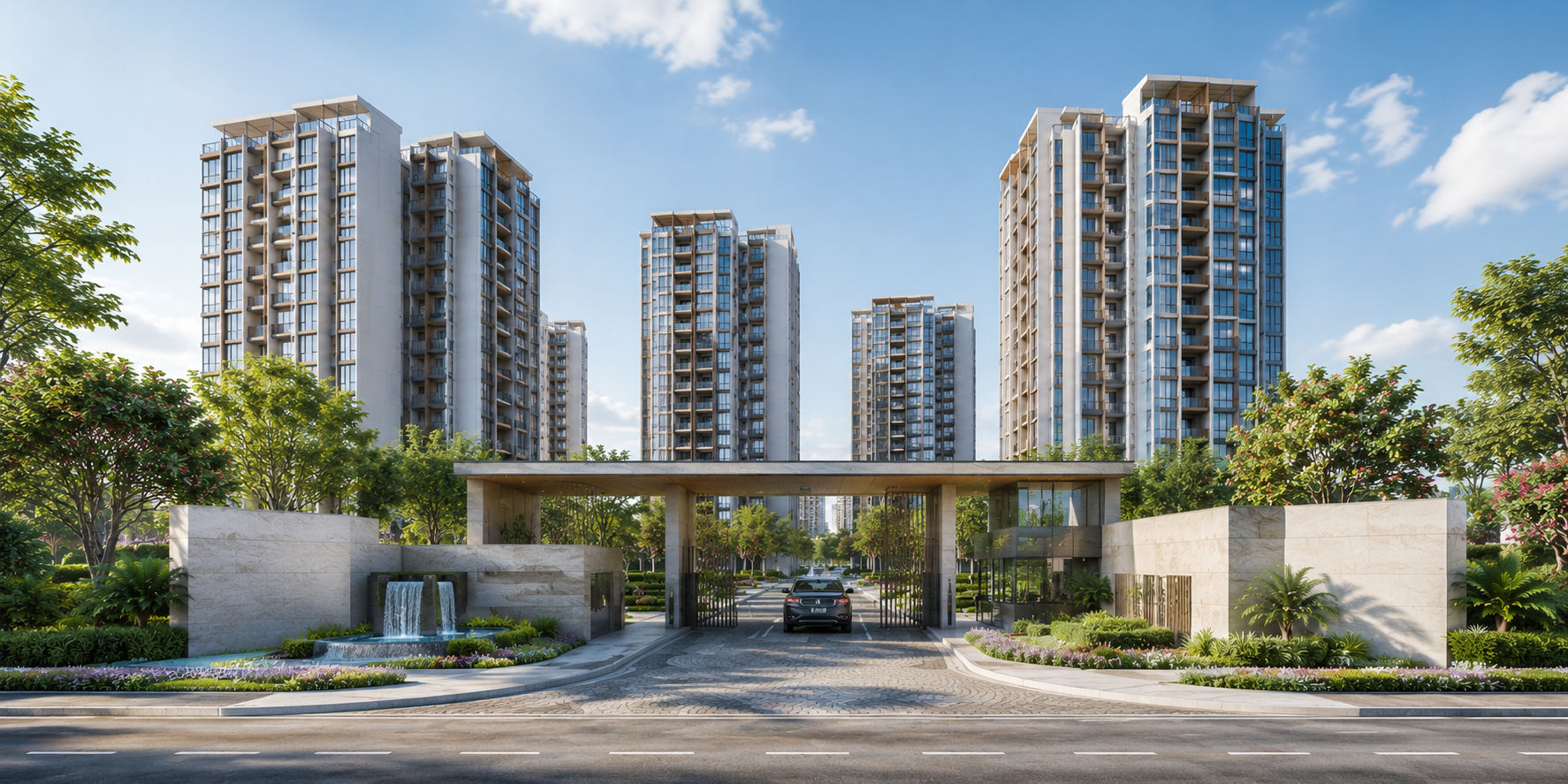 Lodha HopeFarm Grand entrance gate with water feature and residential high-rise towers