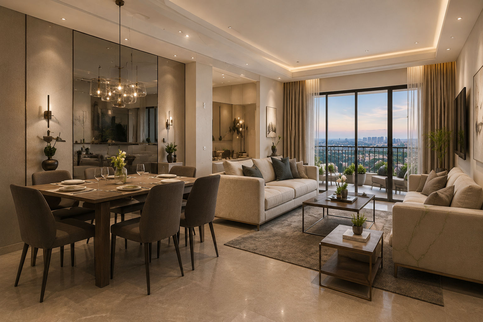 Nikoo Homes 9 elegant apartment living room with dining area