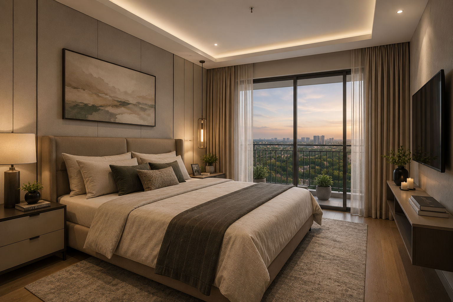 Nikoo Homes 9 modern luxury bedroom with balcony view
