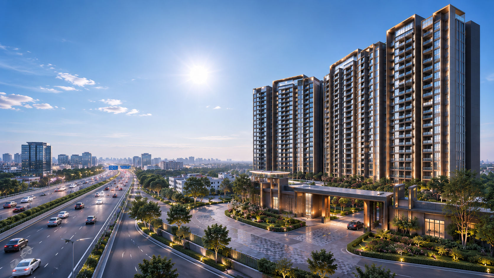 Sobha Hennur Luxury high-rise residential towers next to a city highway at sunset