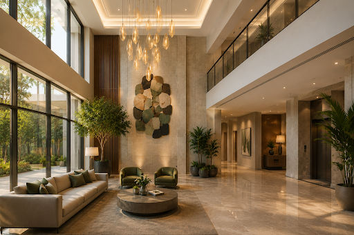 Nikoo Homes 9 premium apartment lobby with double height ceiling