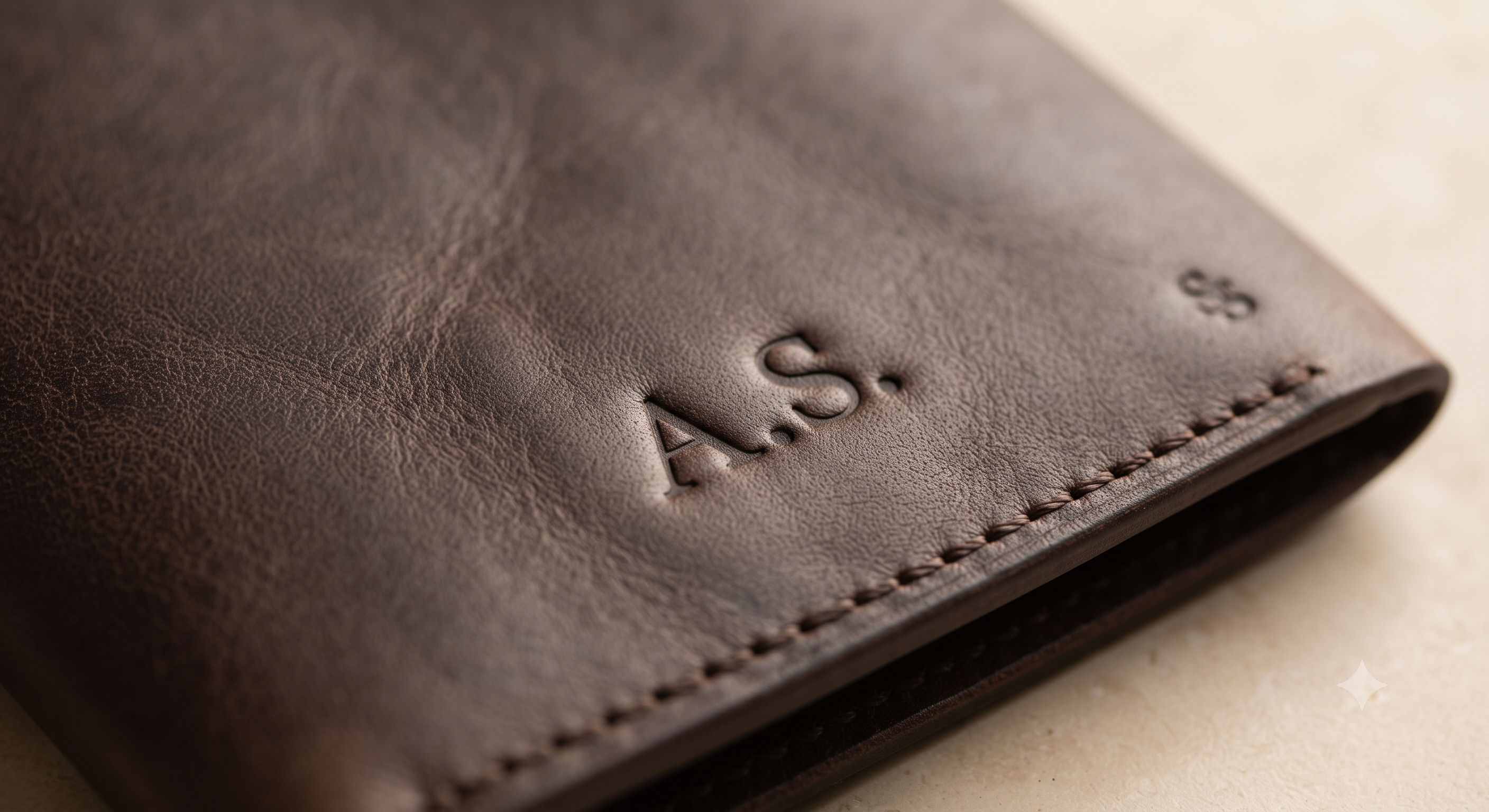 Close-up of a handcrafted leather piece with subtle recipient personalisation and understated branding