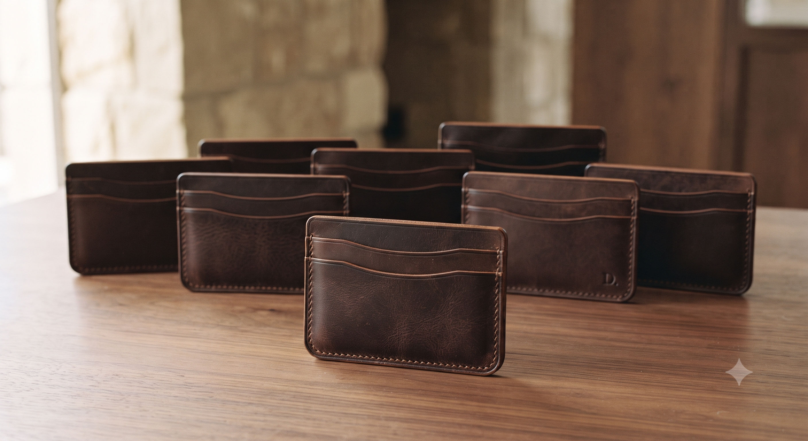 Coordinated handcrafted leather pieces arranged as a considered collection
