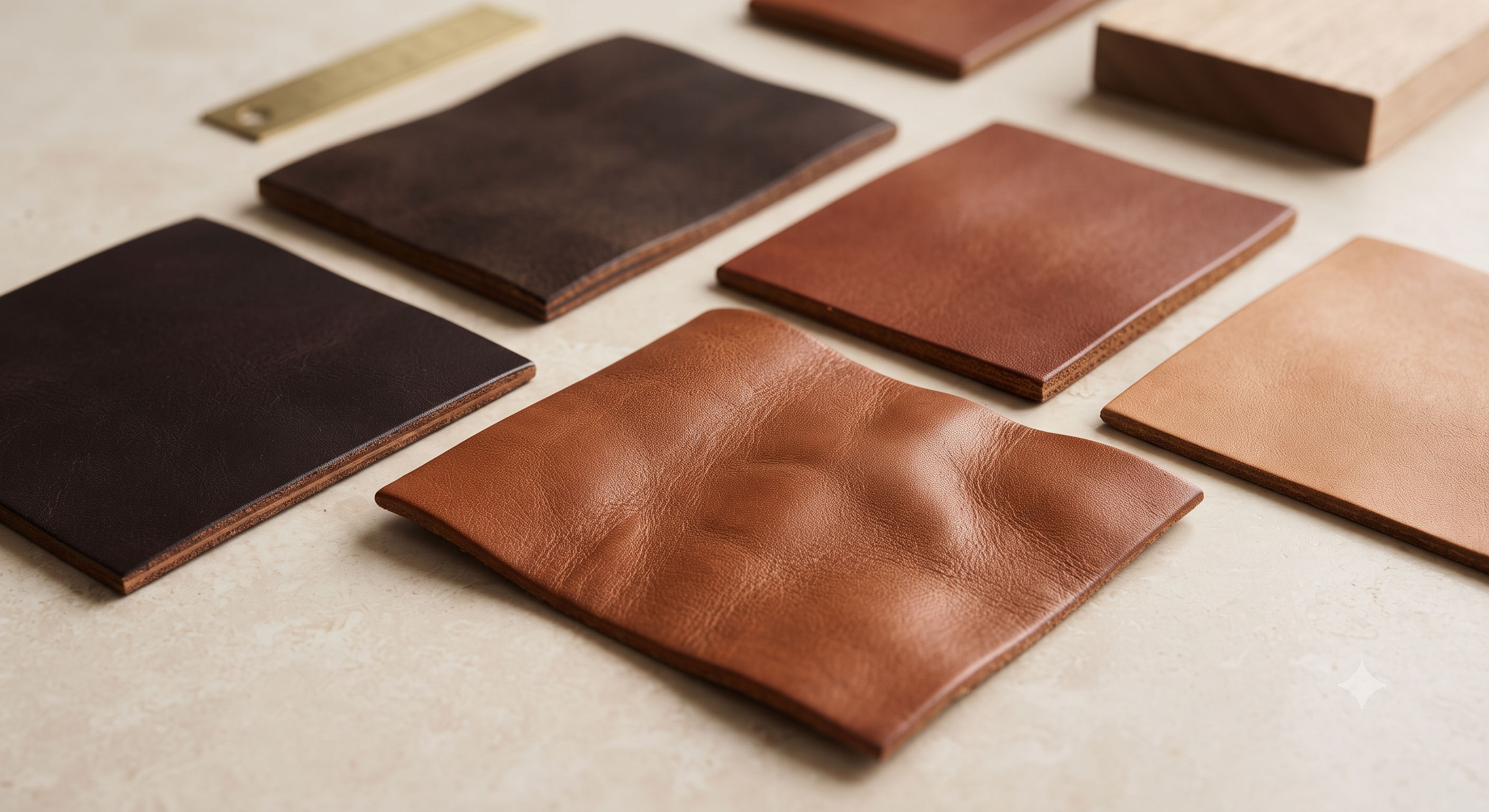 Premium leather swatches showing natural grain, colour and material variation