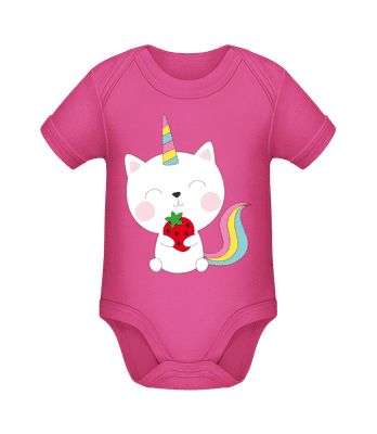 Einhorn Katze Mit Erdbeere - Baby Bio Strampler - Magenta - Vorne