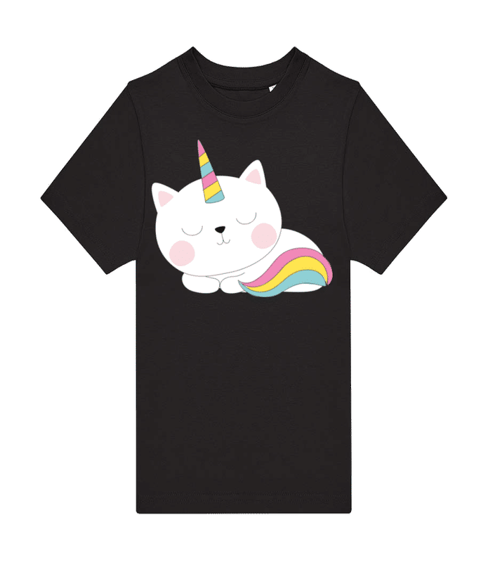 Vorschau: Schlafende Einhorn Katze - Kinder T-Shirt B&C - Schwarz - Vorne