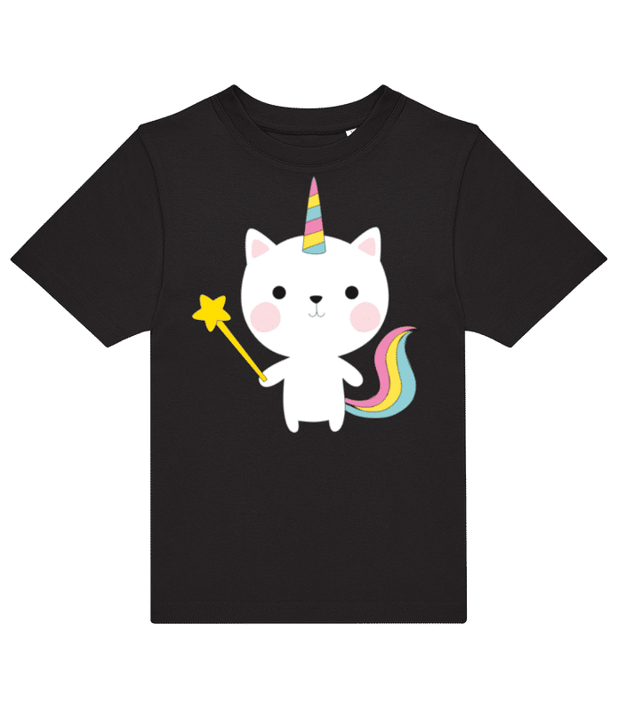 Vorschau: Zaubernde Einhorn Katze - Kinder T-Shirt B&C - Schwarz - Vorne