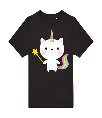 Zaubernde Einhorn Katze - Kinder T-Shirt B&C - Schwarz - Vorne