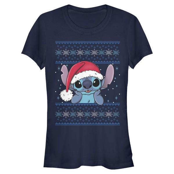 Aperçu: Disney - Lilo & Stitch - Stitch Holiday Wearing Santa Hat - Femme T-shirt - Bleu marine - Devant