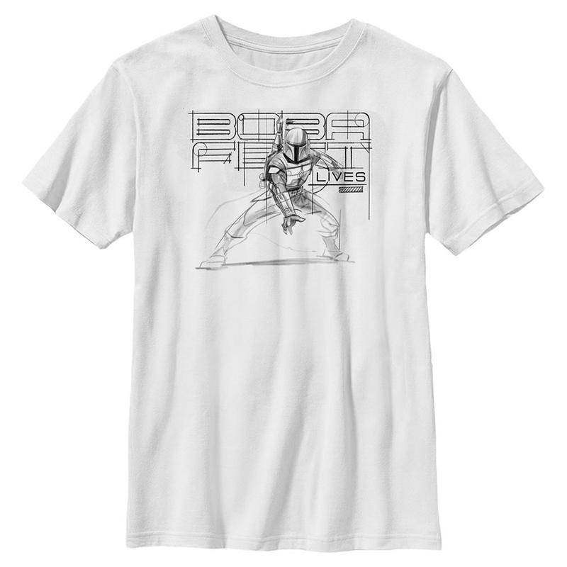 Náhled: Star Wars - Book of Boba Fett - Boba Fett Boba Lives Pencil Sketch - Dětské Tričko - Bílá - Napřed