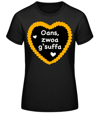 Oans Zwoa Gsuffa - Frauen Basic T-Shirt - Schwarz - Vorne