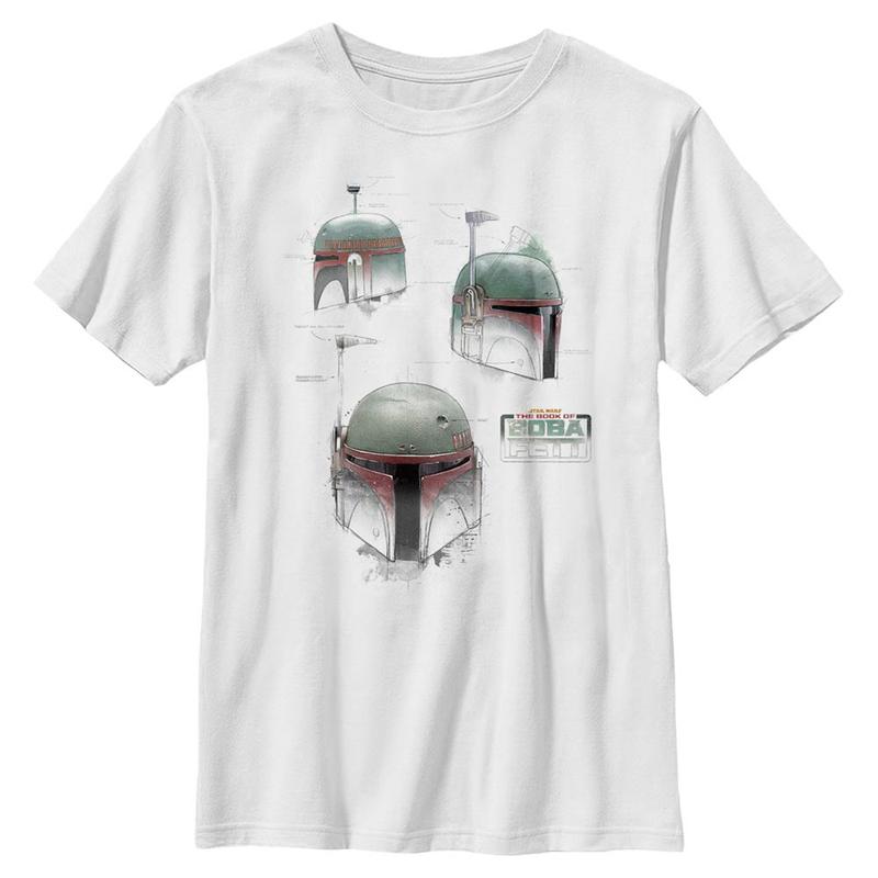 Vista previa: Star Wars - Book of Boba Fett - Boba Fett Helmet Schematics - Niños Camiseta - Blanco - delante