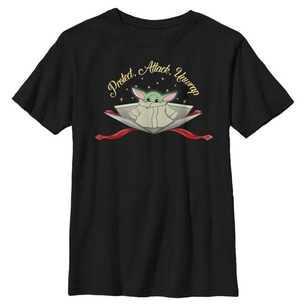 Preview: Star Wars - The Mandalorian - The Child Protect Attack Unwrap - Christmas - Kids T-Shirt - Black - Front