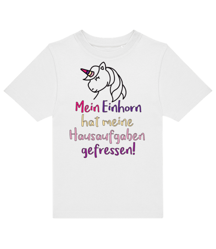 Vorschau: Einhorn Frisst Hausaufgaben - Kinder T-Shirt B&C - Weiß - Vorne