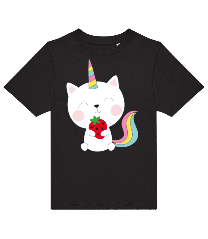 Vorschau: Einhorn Katze Mit Erdbeere - Kinder T-Shirt B&C - Schwarz - Vorne
