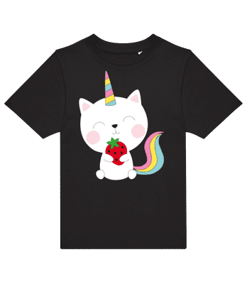 Einhorn Katze Mit Erdbeere - Kinder T-Shirt B&C - Schwarz - Vorne