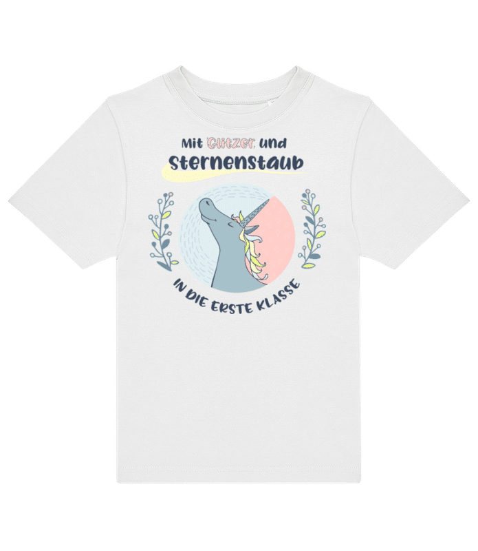 Vorschau: Mit Glitzer in die Erste Klasse Einhorn - Kinder T-Shirt B&C - Weiß - Vorne