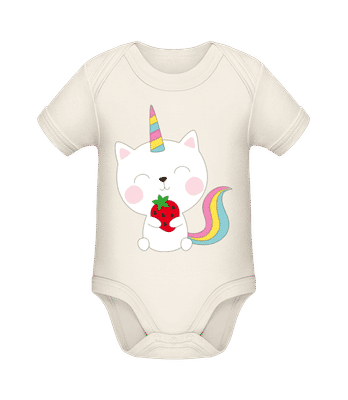 Einhorn Katze Mit Erdbeere - Baby Bio Strampler - Creme - Vorne