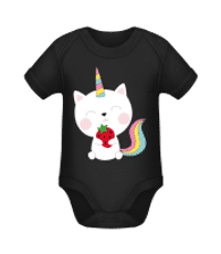 Einhorn Katze Mit Erdbeere - Baby Bio Strampler - Schwarz - Vorne