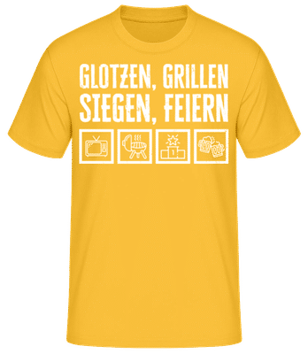 Glotzen Grillen Siegen Feiern - Männer Basic T-Shirt - Goldgelb - Vorne