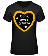 Oans Zwoa Gsuffa - Frauen Basic T-Shirt - Schwarz - Vorne