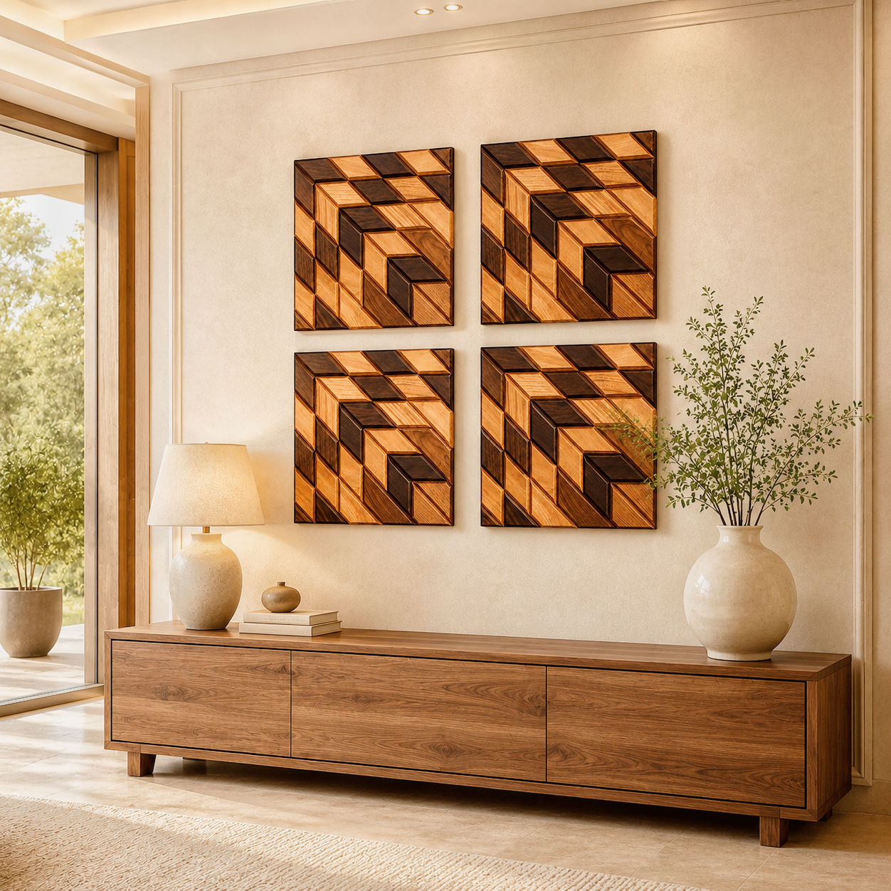 SHIZENTA NOVA – Set of 4 Handcrafted Wooden Mosaic Wall Art Panels | Geometric Natural Wood Wall Decor